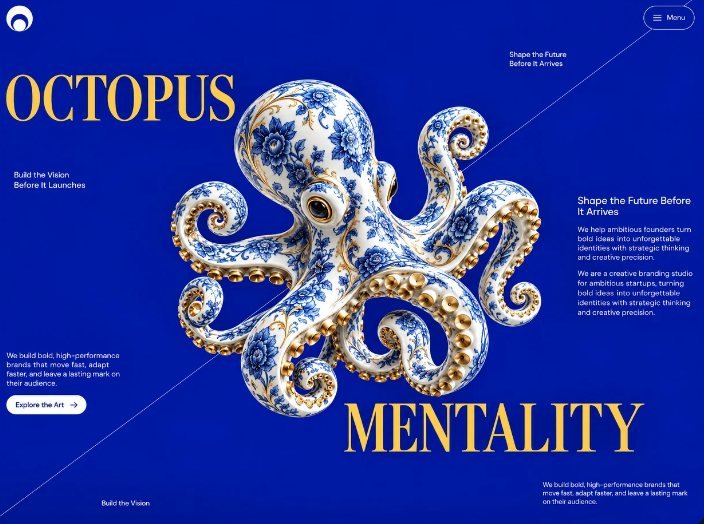 Web de estudio de branding con pulpo de porcelana