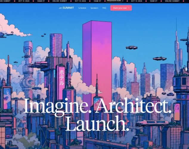 Web de evento con ilustración de ciudad futurista